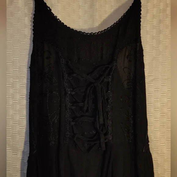 Women's Black Tie Front Emroidered Maxi Dress Boho Whimsygoth Stretchy - Picture 3 of 6
